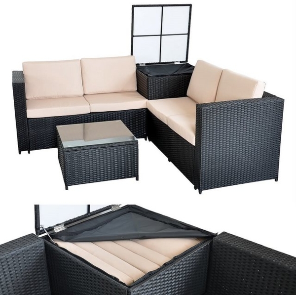 Feel2Home Garten-Essgruppe PolyRattan Sitzgruppe mit Auflagenbox in Schwarz, Grau oder Braun XXL, (2-tlg), Sicherheitsglasplatte Bild 4