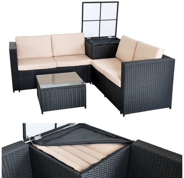 Feel2Home Garten-Essgruppe PolyRattan Sitzgruppe mit Auflagenbox in Schwarz, Grau oder Braun XXL, (2-tlg), Sicherheitsglasplatte Bild 5