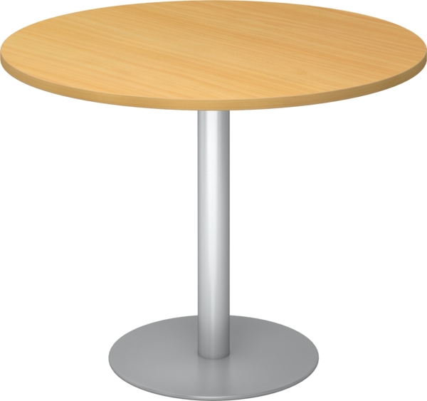 bümö Besprechungstisch, Esstisch klein, Tisch rund 100 cm - kleiner Esstisch Buche, Rundtisch Esstisch 2 Personen mit Holz-Platte, Säule aus Metall in silber, Konferenztisch, Bistrotisch, STF10-6-S