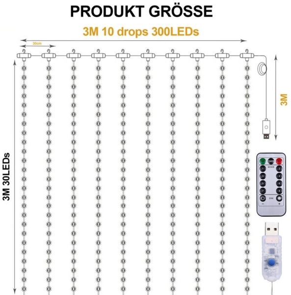 Qualra LED-Lichtervorhang 100/200/300LEDs 8 Modi Lichtervorhang Fenster Innen Weihnachten, 3x1M/3x2M/3x3M USB mit Fernbedienung Vorhang Lichterkette Bild 3