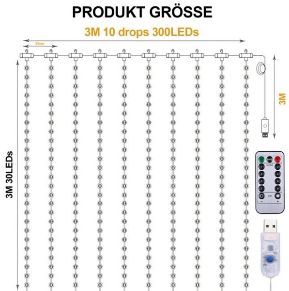Qualra LED-Lichtervorhang 100/200/300LEDs 8 Modi Lichtervorhang Fenster Innen Weihnachten, 3x1M/3x2M/3x3M USB mit Fernbedienung Vorhang Lichterkette Bild 4