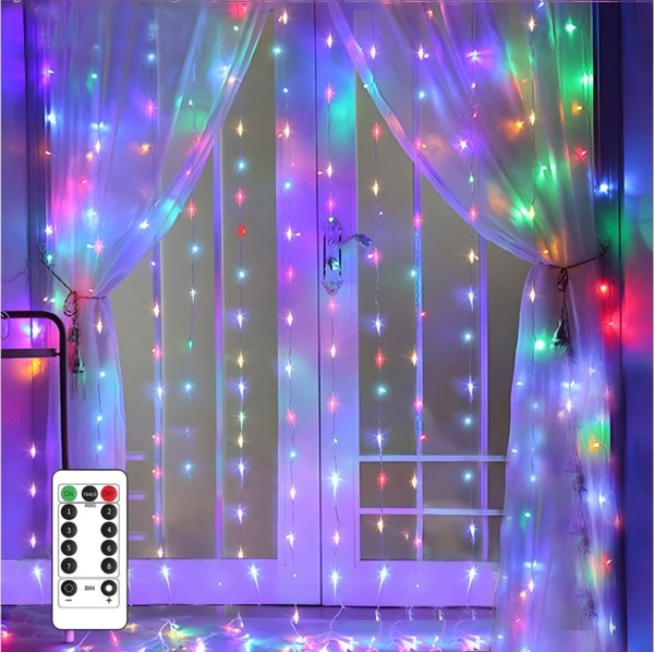 Qualra LED-Lichtervorhang 100/200/300LEDs 8 Modi Lichtervorhang Fenster Innen Weihnachten, 3x1M/3x2M/3x3M USB mit Fernbedienung Vorhang Lichterkette Bild 2