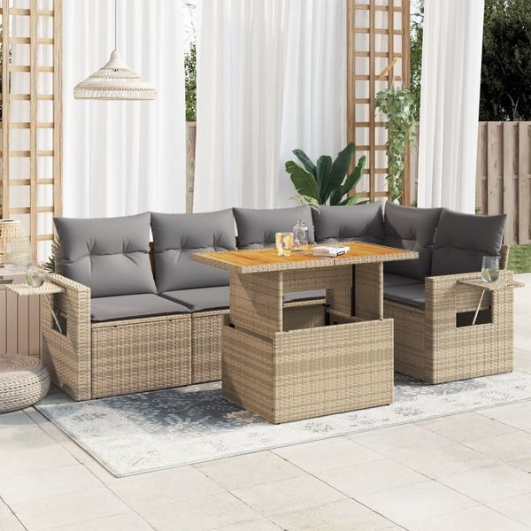 vidaXL 6-tlg. Garten-Sofagarnitur mit Kissen Beige Poly Rattan 3327153