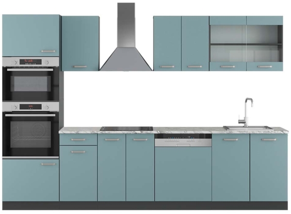 Küchenzeile R-Line Blau-Grau/Anthrazit 300 cm mit Hochschrank, AP Marmor Vicco
