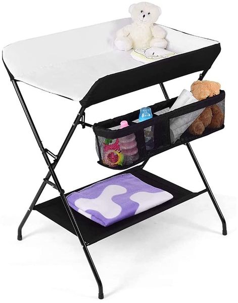 Wickeltisch, faltbar, für Babys, Wickeltisch mit Sicherheitsgurt und Aufbewahrungskorb, Höhe verstellbar in 3 Positionen, tragbare Wickelkommode (79 x 55,5 x 96 cm, schwarz und weiß)