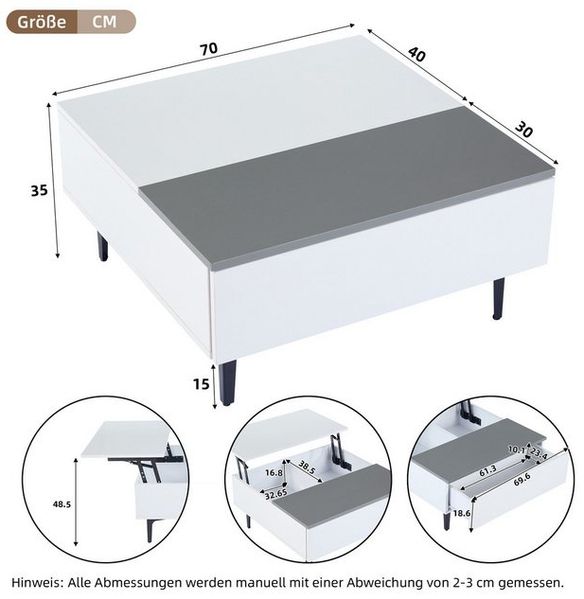 Merax Couchtisch höhenverstellbar Kaffeetisch mit verstecktem Stauraum & Ablagen (1-St, 70*70*35cm), Hochglanz Wohnzimmertisch mit Schublade, Sofatisch mit LED-Beleuchtung Bild 4