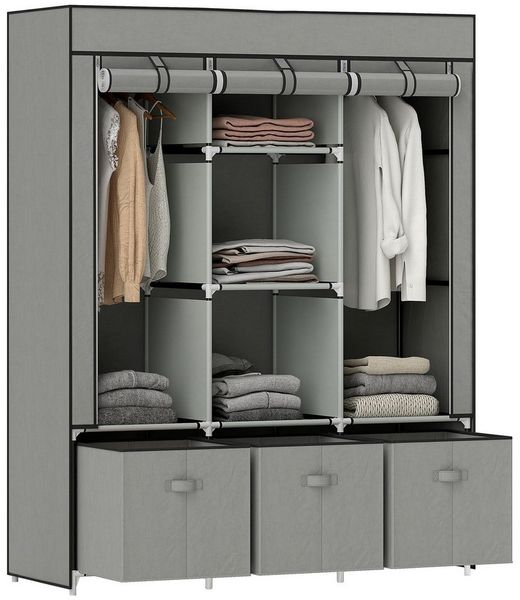 HOMCOM Stoffschrank mit Kleiderstangen, Schubladen, Reißverschluss (faltbarer Kleiderschrank, 1-St, Faltschrank) für Schlafzimmer, Hellgrau, 125 x 43 x 162,5
