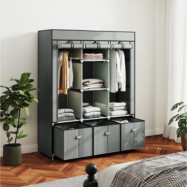 HOMCOM Stoffschrank mit Kleiderstangen, Schubladen, Reißverschluss (faltbarer Kleiderschrank, 1-St, Faltschrank) für Schlafzimmer, Hellgrau, 125 x 43 x 162,5