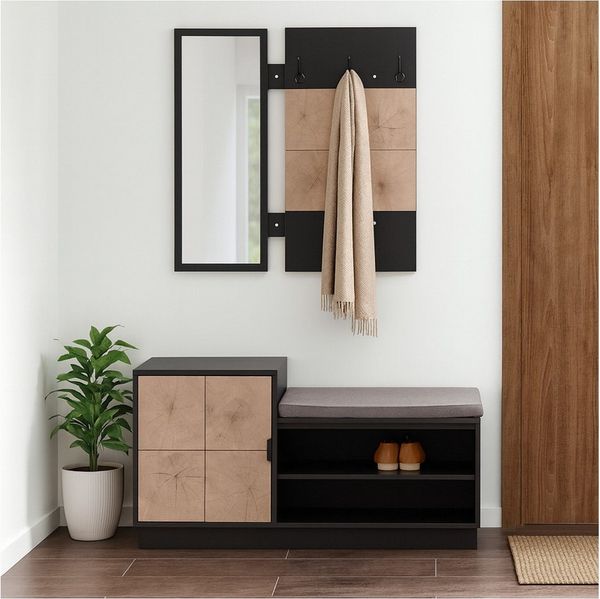 HTI-Living Garderoben-Set Garderobe Dana mit Schuhbank Schwarz, (Set, 2-St, 1 Garderobenpaneel mit Spiegel, 1 Schuhbank), Garderobenpaneel Spiegel Schuhregal mit Sitzkissen