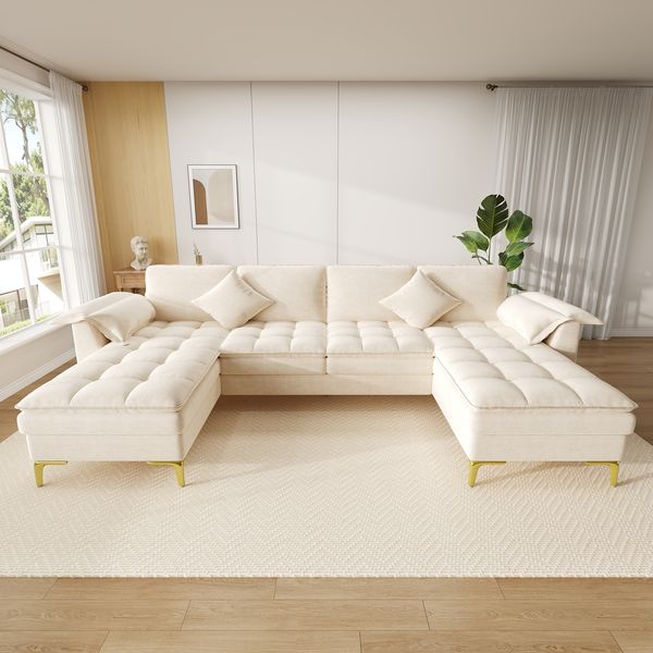 Merax U‑förmiges Ecksofa, 4‑Sitzer Moduldesign mit Cloud‑Optik und doppellagigen Schaumkissen, inkl. 2 Chaiselongues,2 Kissen, goldene Metallfüße, Chenille‑Bezug, Beige
