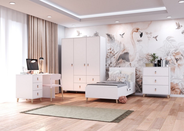Jugendzimmer Svala in Weiß mit modernen Lederschlaufen als Griffe, Skandinavischer Stil – in verschiedenen Zusammenstellungen wählbar - 4 teilig , großer Kleiderschrank + Kommode 02 + Schreibtisch + Jugendbett 90x200cm