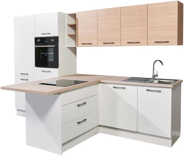 GIRONA ZB Küchenzeile 325 x 211 x 200 cm, Weiß – Ohne Küchengeräte – Moderne Küche mit viel Stauraum und Walnuss-Arbeitsplatte