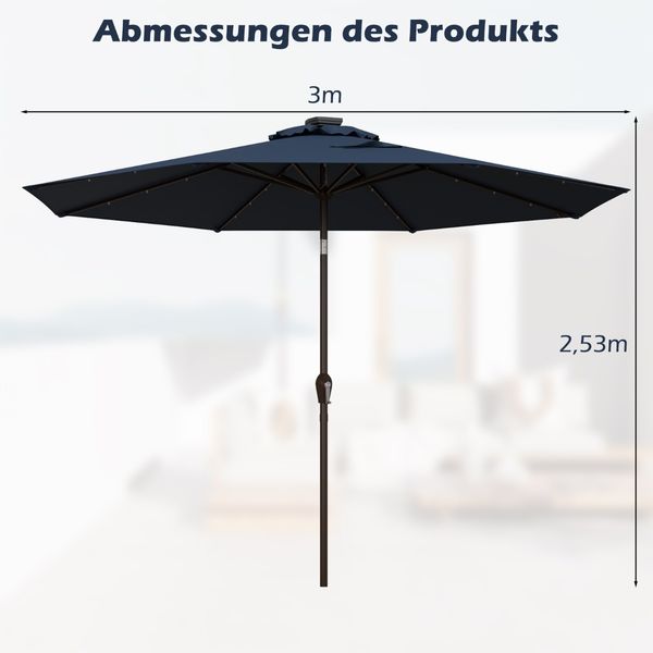 LED Beleuchtung Ampelschirm Rund Sonnenschirm Solarbetrieben Gartenschirm Kurbel Dunkelblau