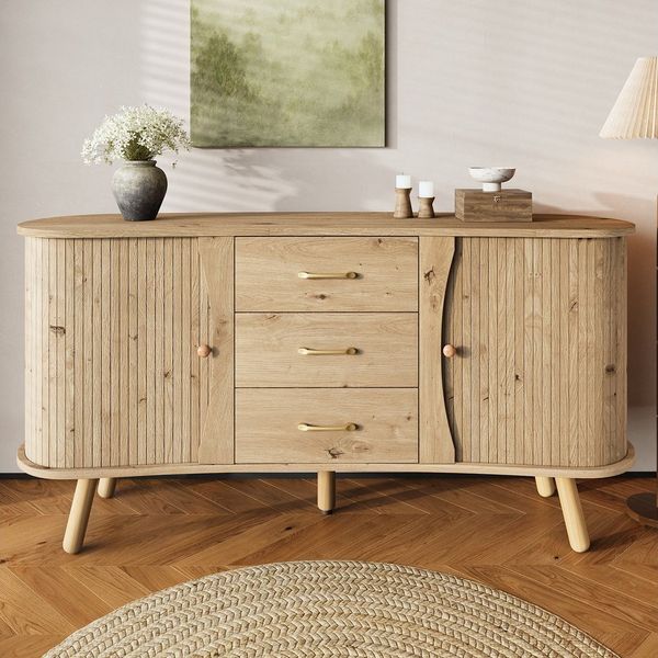 KLAM HOME Sideboard Sideboard mit Rillenoptik, 2 Schiebetüren & 3 Schubladen (Modernes Sideboard skandinavischer Stil mit Massivholzbeinen), Wohnzimmer Sideboard 150cm MDF mit höhenverstellbaren Fächern