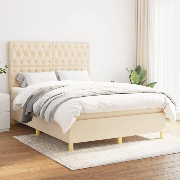 vidaXL Boxspringbett mit Matratze Creme 140x190 cm Stoff 3142574