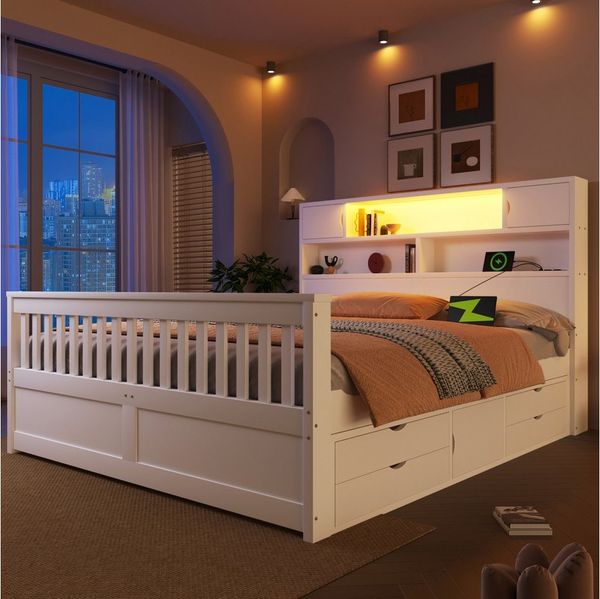 Merax Massivholzbett mit LED-Kopfteil & USB-Anschluss (Plattformbett Bettgestell Doppelbett aus Holz, 1-tlg), 160x200 cm mit 4 Schubladen, Stauraumregalen, Bücherregal & Ablagen