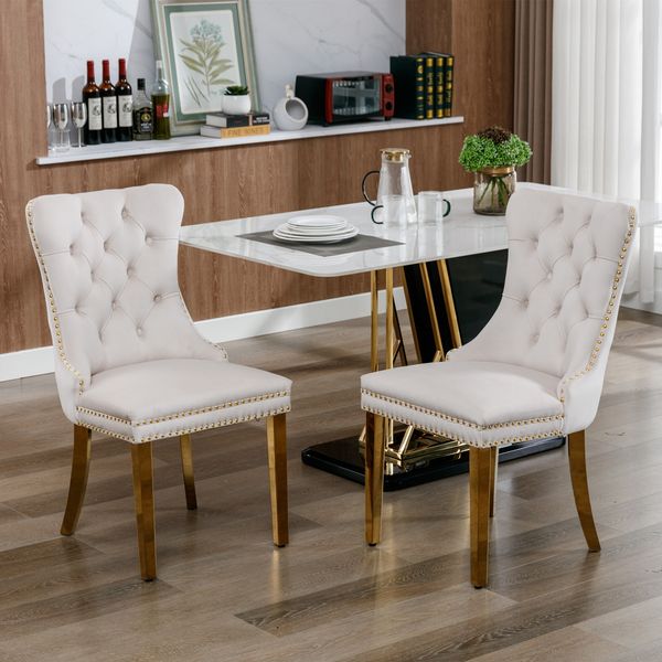 Esszimmerstuhl Samt Beige mit hoher Rückenlehne, Massivholzbeine, höhenverstellbare Fußgleiter, 2er-Set,H 95 x T 50 x B 62 cm