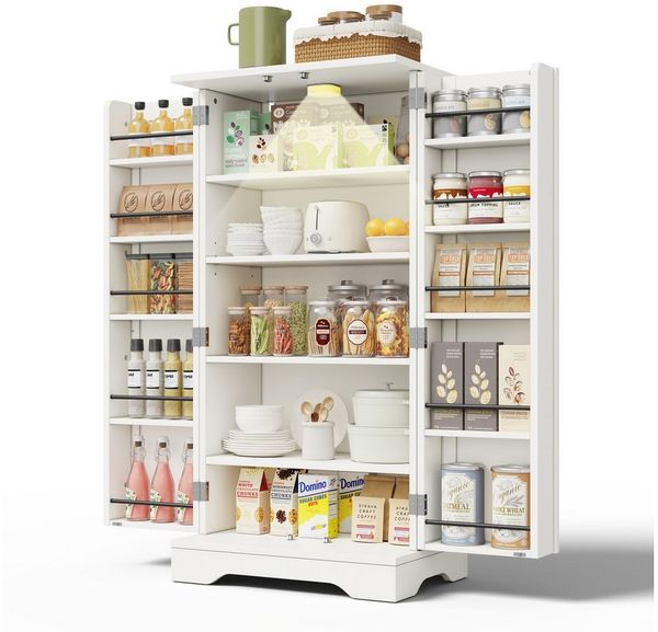 Yorbay Mehrzweckschrank Küchenschrank mit LED-Beleuchtung & verstellbaren Regalen (120×60×40 cm) Speiseschrank Wohnzimmerschrank mit Türfächern