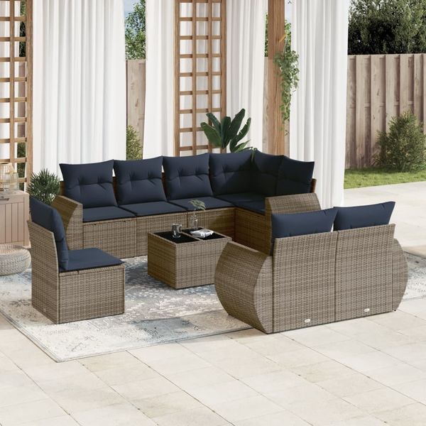 vidaXL 9-teiliges Gartensofa-Set mit Kissen, grau, Polyrattan 3221650