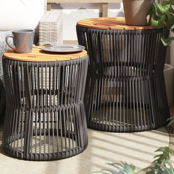 2 pcs Gartentische, Beistelltische mit Holzplatte Grau Poly Rattan