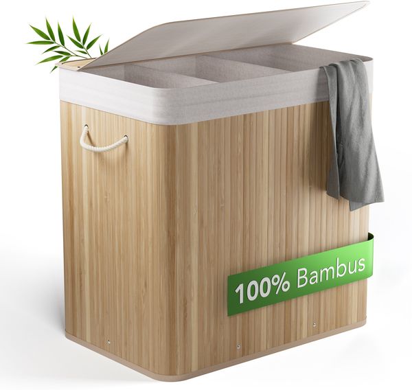 New Habitat Wäschekorb Bambus Wäschekorb 3 Fächer, 150L Wäschesammler mit Deckel & Sack
