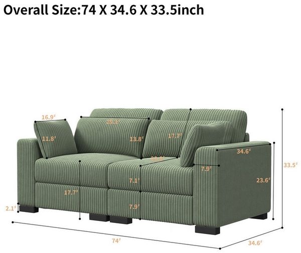 FUROKOY 2-Sitzer Polstersessel Sofa Ecksofa Polstersofa Cord mit Kissen und Armlehnen, Set 1 Teile, 74 x 34,6 x 33,5 Zoll, Grün, Schlafsofa,Einzelsitz