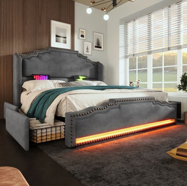 Polsterbett 140x200 cm aus Samt mit Stauraum, LED-Beleuchtung und USB- und Type-C-Anschlüssen
