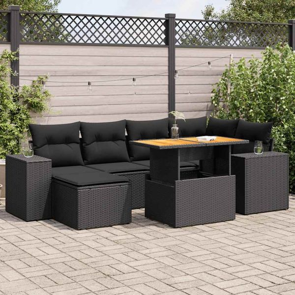 vidaXL 7-tlg. Garten-Sofagarnitur mit Kissen Schwarz Poly Rattan 3327394