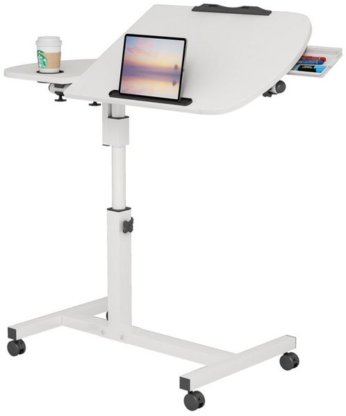 JEOBEST Computertisch Laptoptisch auf Rollen, Beistelltisch Höhenverstellbar(59-89cm) Stahl, (Holz Tischplatte Neigbar, Drehbar) Mit 2 Stopp-Leisten