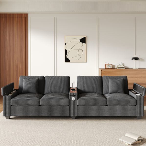 4-Sitzer Sofa aus Cord mit USB-Anschluss & Stauraum, 299x80x82,7 cm, Grau
