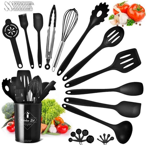 HEYHIPPO Küchenorganizer-Set Silikon Küchenutensilien Set 32-tlg. hitzebeständig & spülmaschinenfest, (Inklusive Löffel, Spatel, Siebe, Schneebesen usw, Küchenspatel Löffel Suppenlöffel Set,kratzfest und antihaftbeschichtet), Silikon Küchenhelfer, schü...