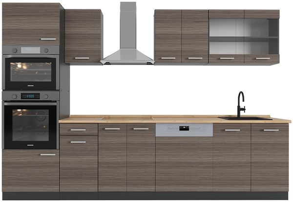 Küchenzeile R-Line Edelgrau/Anthrazit 300 cm mit Hochschrank, ohne Arbeitsplatte Vicco