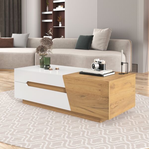 Couchtisch mit Schiebefläche und 2 Schubladen, H 37,5 x T 50 x B 120 cm, MDF in Natur/Weiß