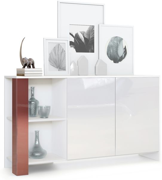 Sideboard Canto, lange Anrichte mit 2 Türen und 6 Fächern, Korpus Weiß matt, Fronten Weiß Hochglanz, Dekor-Paneele Bordeaux Hochglanz (143 x 81 x 36 cm)