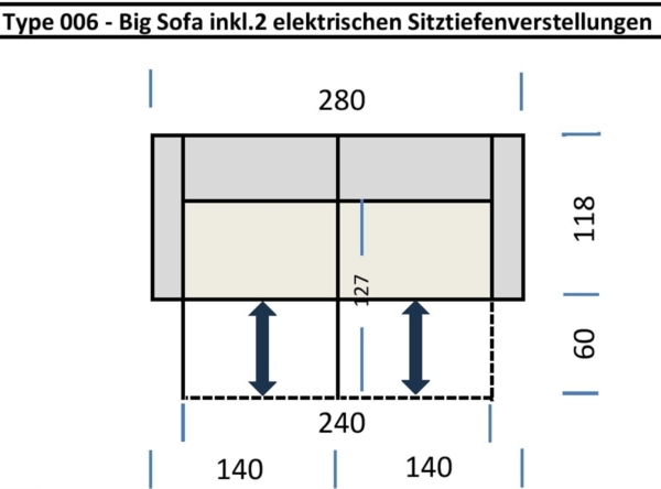 Big-Sofa >Wolve< 2x elektr. Verstellung, 2 Kissen, Cord beige - 280x108x118cm (BxHxT) Bild 6