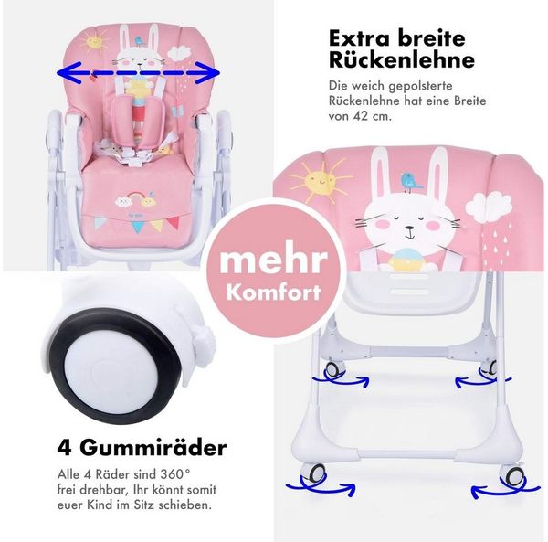 Daliya® Hochstuhl SITONMI 3in1 Kinderhochstuhl & Babyliege, extra breite Rückenlehne (Set, 7 St), Babyliege, 0-4 Jahre, breite Rückenlehne, Tablett, Korb, Platzsparend Bild 2