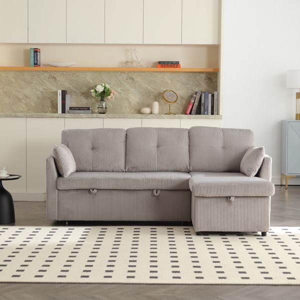 Schlafsofa aus Cord mit Stauraum & Ausziehfunktion, 206x108x66 cm, Hellgrau