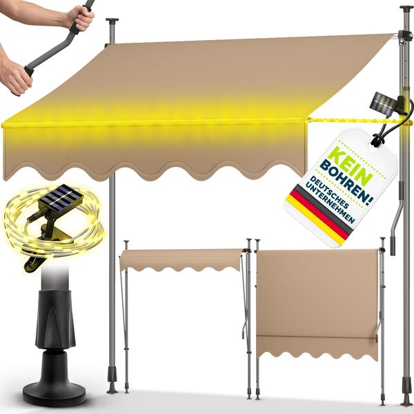 tillvex Klemmmarkise 350 cm Taupe mit Solar LED mit Handkurbel Balkon | Balkonmarkise ohne Bohren | Markise UV-beständig & höhenverstellbar | Sonnenschutz wasserdicht