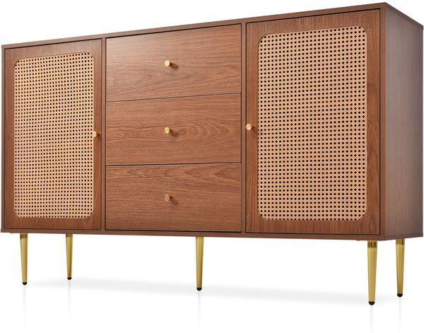 Kommode mit 2 Türen und 3 Schubladen, Rattan-Türkommode mit verstellbaren Ablagen, Nussbaum, B150 x H90 x T40 cm