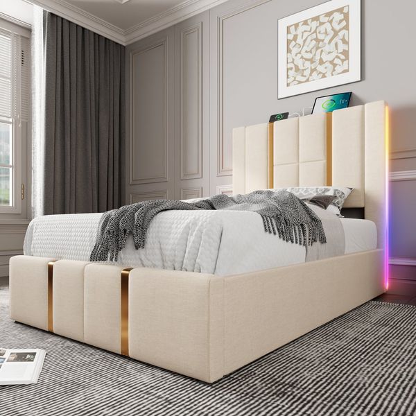 Polsterbett 90×200 cm aus Leinen-Stoff mit LED-Beleuchtung und USB-C-Ladefunktion, beige