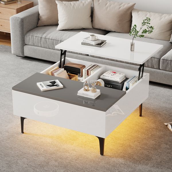 Couchtisch mit hebbarer Tischplatte, LED Beleuchtung, Weiß Grau, Stauraum, multifunktional 70×70×35 cm