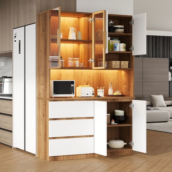 Flieks Küchenbuffet mit LED-Beleuchtung, 3 Schubladen und Glastüren (mit verstellbarer Einlegeböden & Arbeitsplatte, 1-St, 120x40x180 cm) Hochschrank Küchenschrank Mehrzweckschrank Sideboard