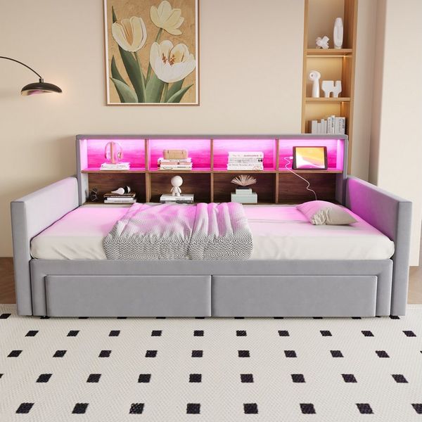 Merax Daybett 90/180×190cm mit LED-Lichtleiste und Ladeanschlüssen (Polsterbett Schlafsofa Sofabett Jugendbett Doppelbett, 1 tlg), Tagesbett mit Ausziehbett, 2 Schubladen & Kopfteil-Staufächern, Samt