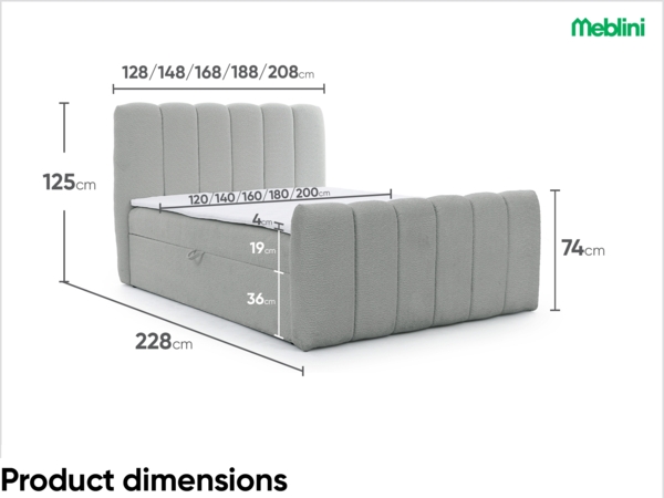 MEBLINI Boxspringbett NOMADE 120x200 cm mit Bettkasten – H3/Grau Boucle Polsterbett - Doppelbett mit Topper & Bonellfederkern-Matratze Bild 7