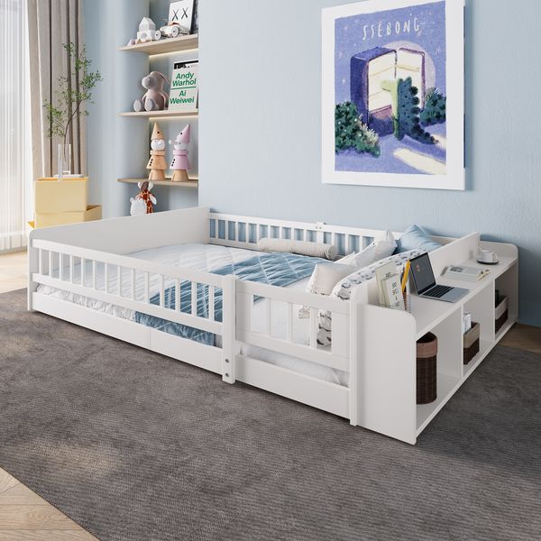 Kinderbett 140x190 cm aus Kiefernholz mit offenem Stauraum und flexiblem Rausfallschutz, weiß