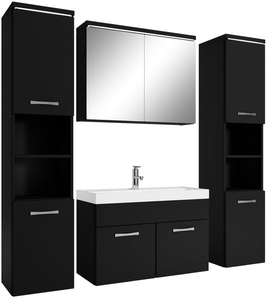 Badplaats Badmöbel Komplettset Paso XL LED 80 x 40 cm Schwarz Matt - Badezimmermöbel mit Waschbecken, Spiegelschrank und 2 Badezimmerschränke