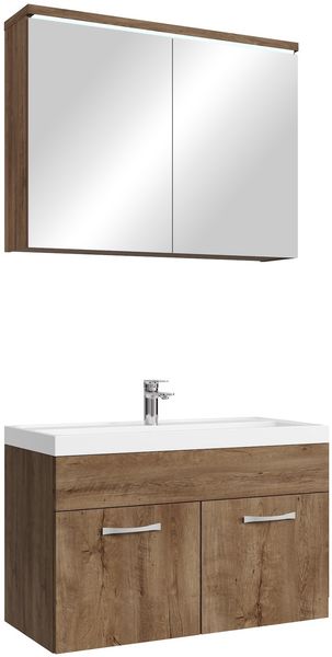 Badplaats Badmöbel Komplettset Paso 02 80 x 40 cm Braun Eiche - Badezimmermöbel mit Waschbecken und Spiegelschrank