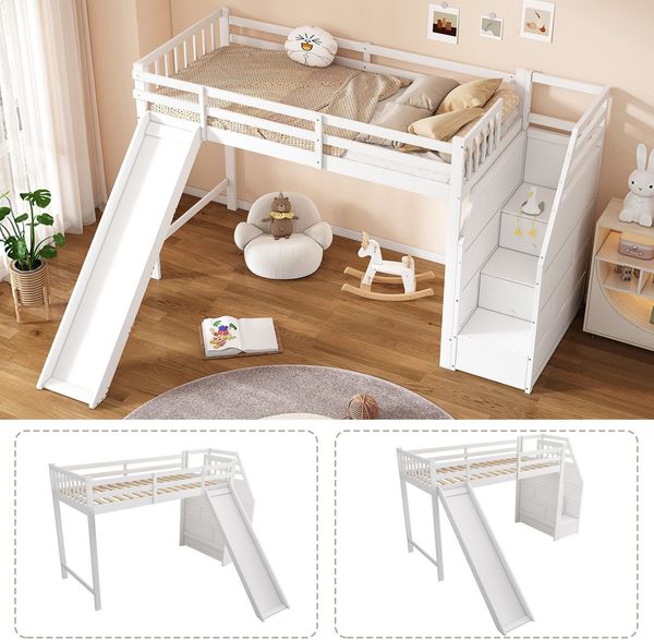 Hochbett mit Lattenrost, Rausfallschutz, Treppe und Rutsche, 90x200 cm, Kinderbett, Jugendbett, Kiefer Bild 3