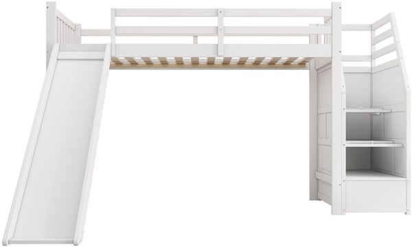 Hochbett mit Lattenrost, Rausfallschutz, Treppe und Rutsche, 90x200 cm, Kinderbett, Jugendbett, Kiefer Bild 7
