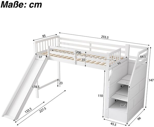 Hochbett mit Lattenrost, Rausfallschutz, Treppe und Rutsche, 90x200 cm, Kinderbett, Jugendbett, Kiefer Bild 5
